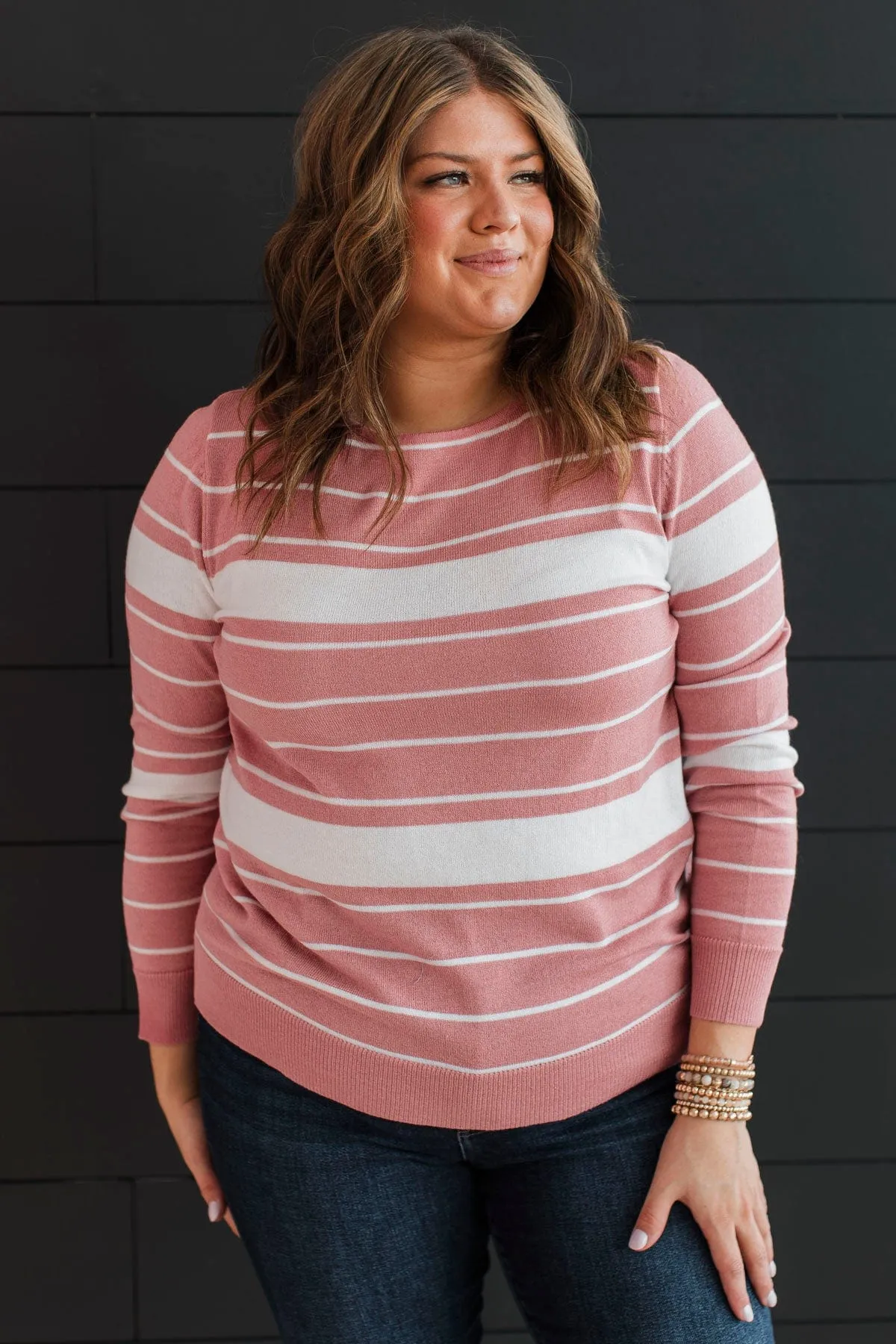 Roll With It Striped Sweater- Rose Pink