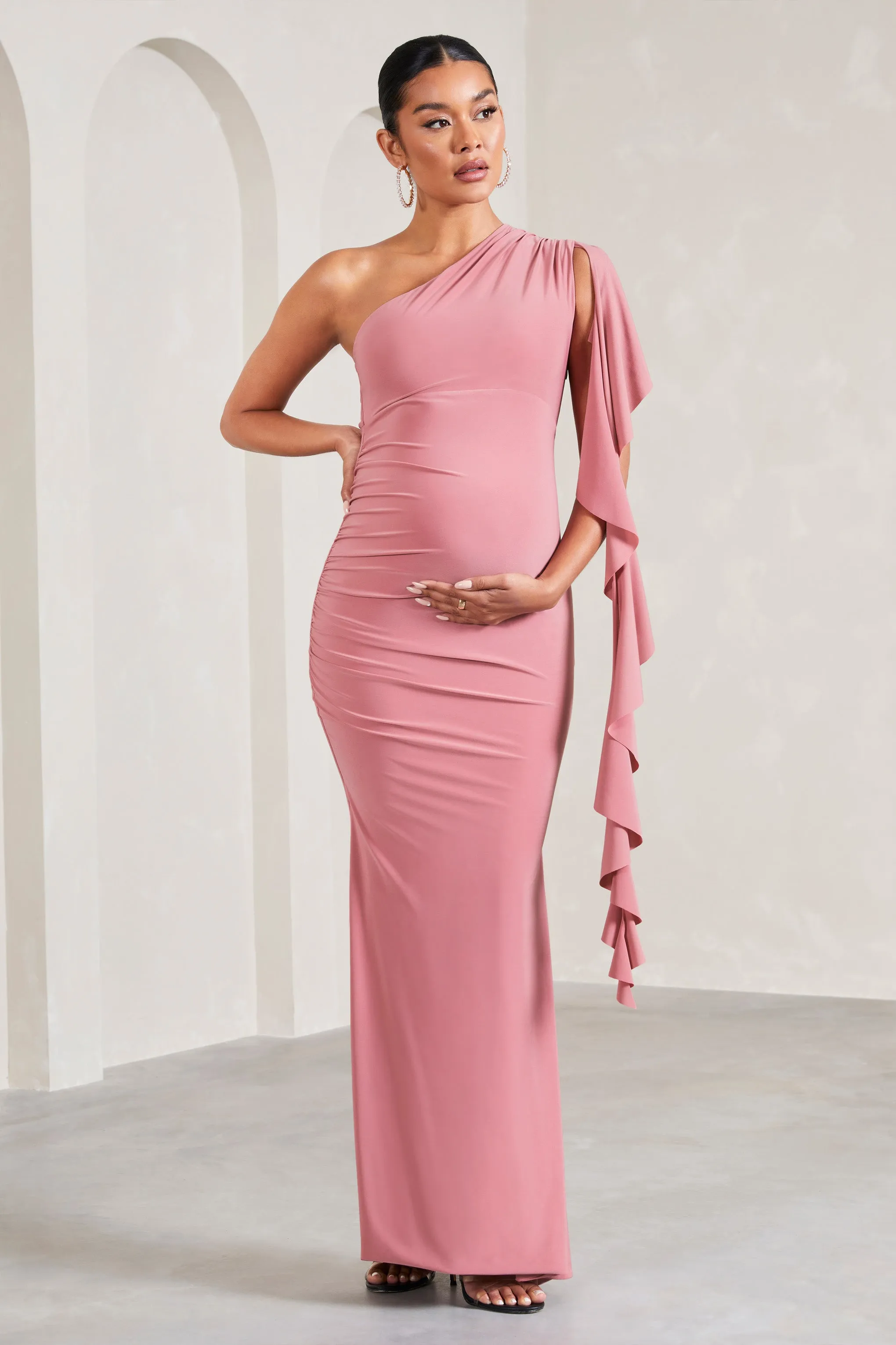 Rosalie | Blush Pink One-Shoulder Maternity Maxi Dress With Ruffles