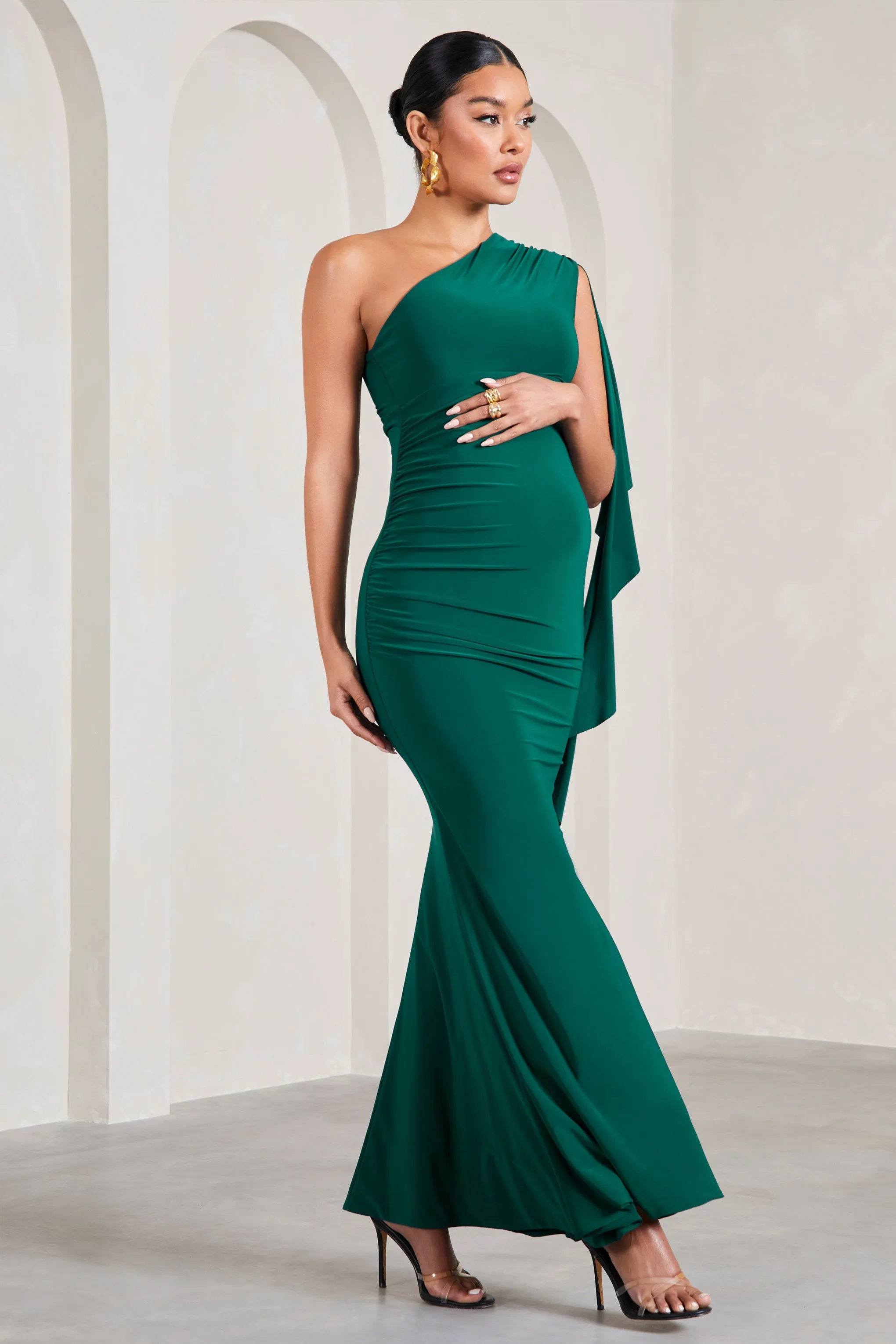 Rosalie | Bottle Green One-Shoulder Maternity Maxi Dress With Ruffles