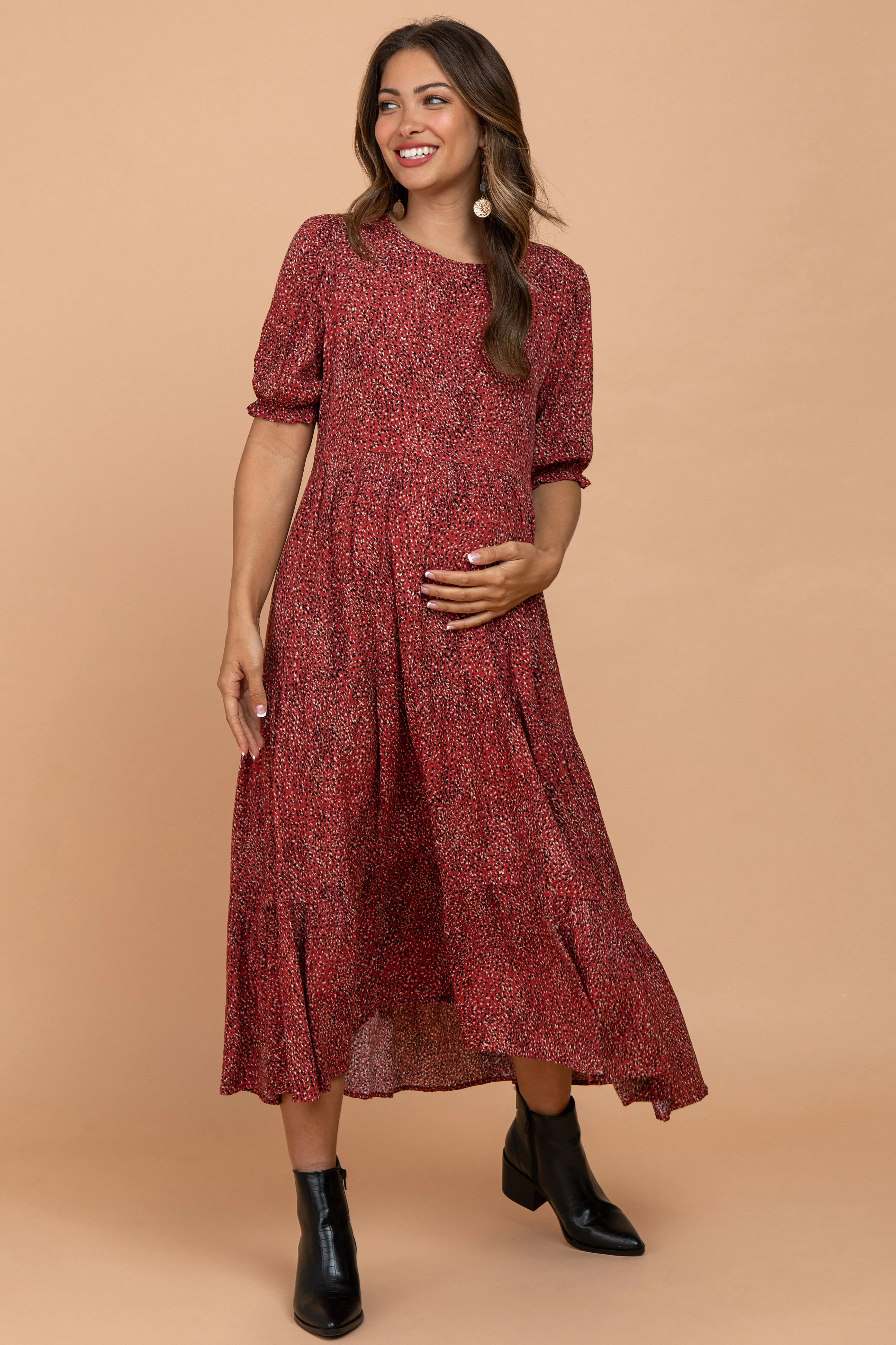 Rust Printed Tiered Maternity Midi Dress