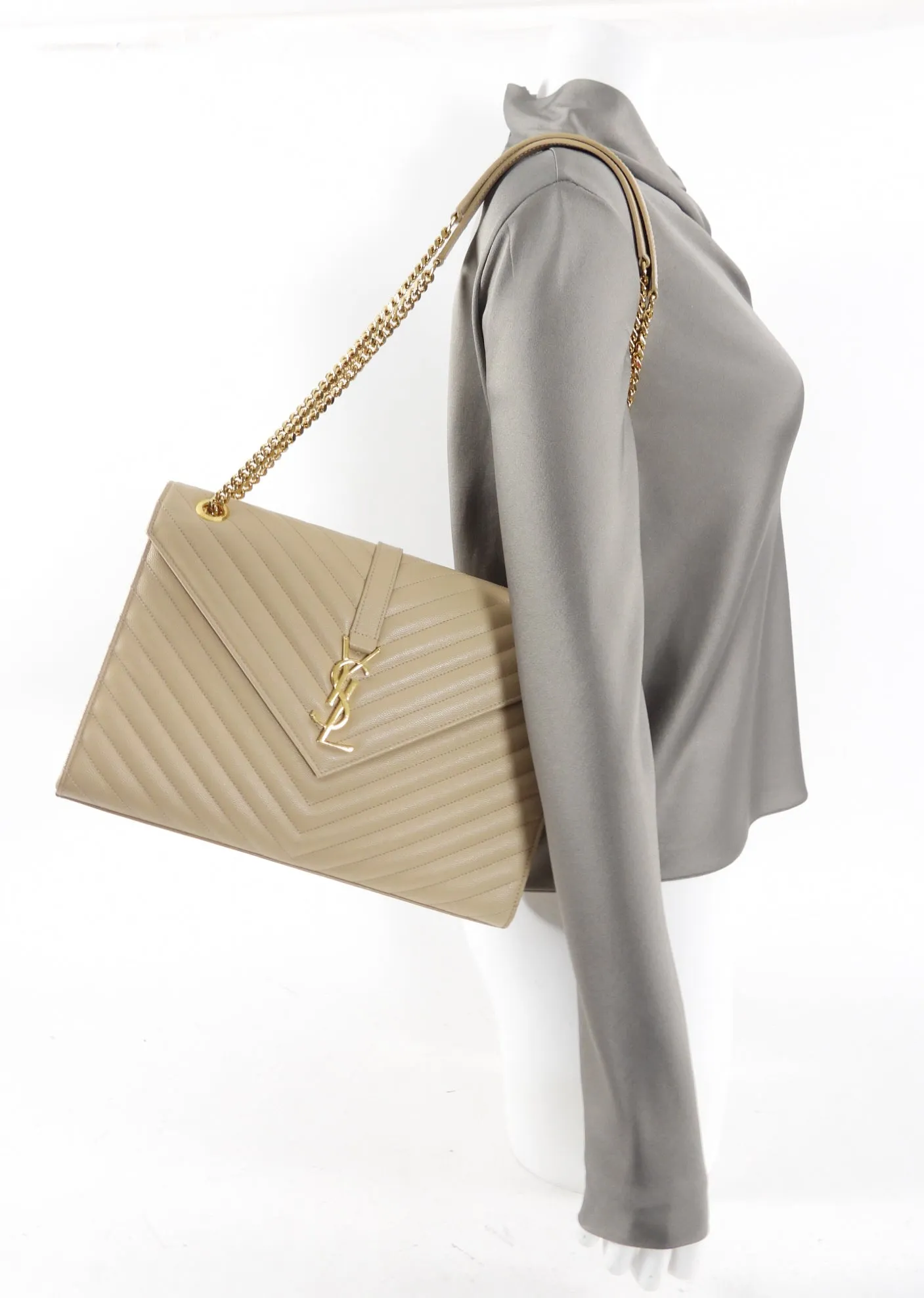 Saint Laurent Beige Chevron Large Envelope Chain Flap Bag