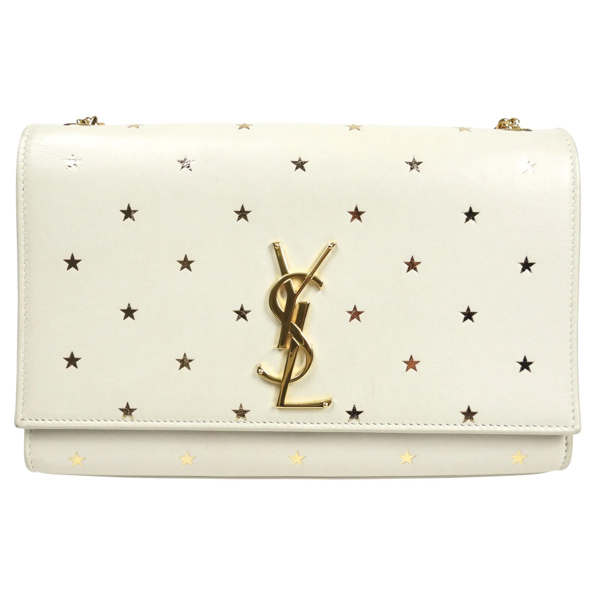 Saint Laurent Kate Chain Bag in Cream Calfskin Leather with Goldtone Stars