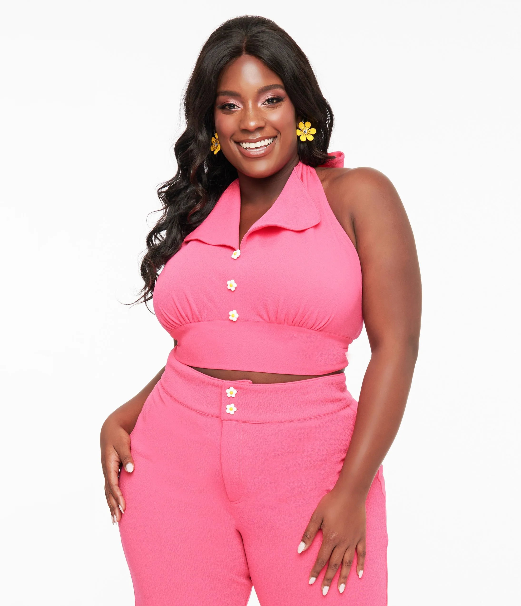 Smak Parlour Plus Size 1960s Hot Pink Halter Crop Top