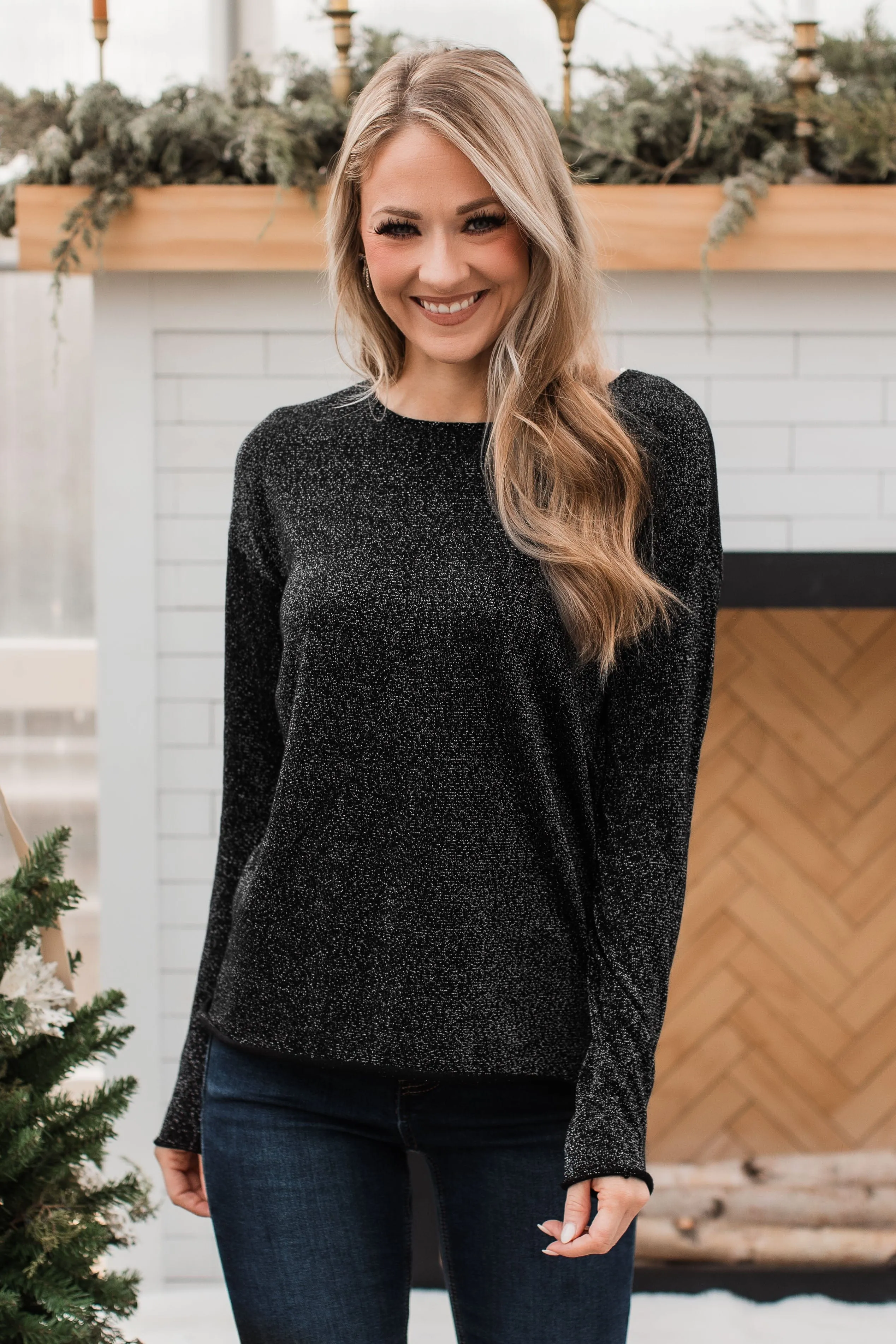 Stay The Night Shimmer Knit Sweater- Black