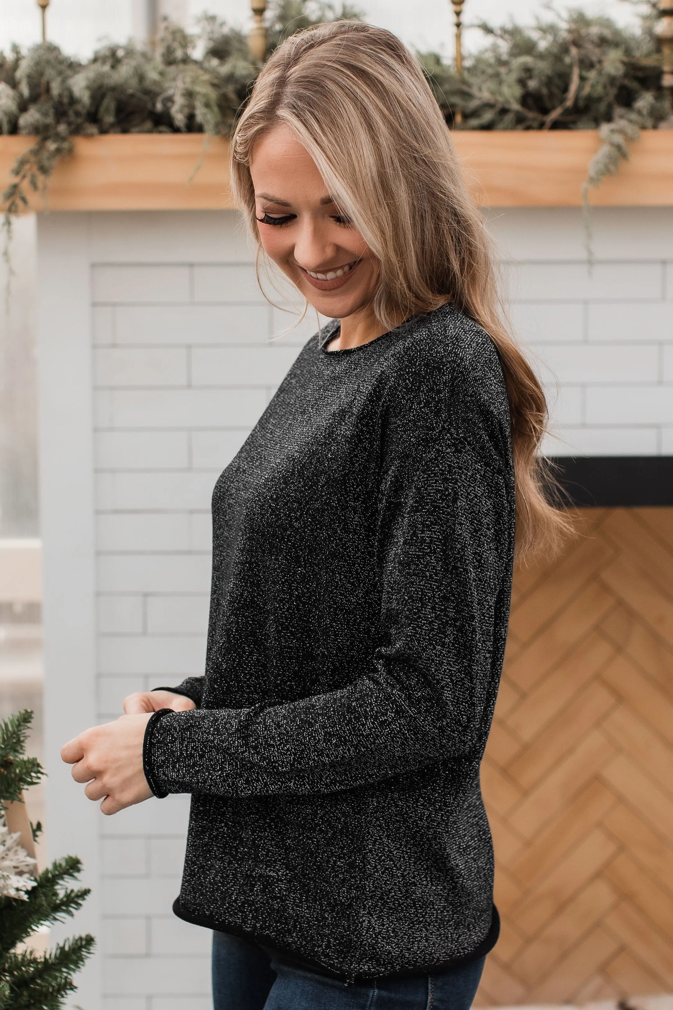 Stay The Night Shimmer Knit Sweater- Black