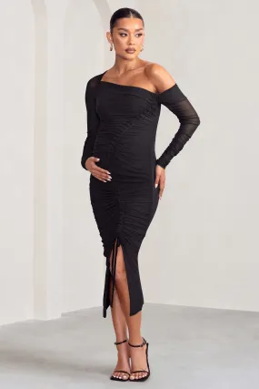 Sweet Dreams | Black Maternity Asymmetric Ruched Midi Dress