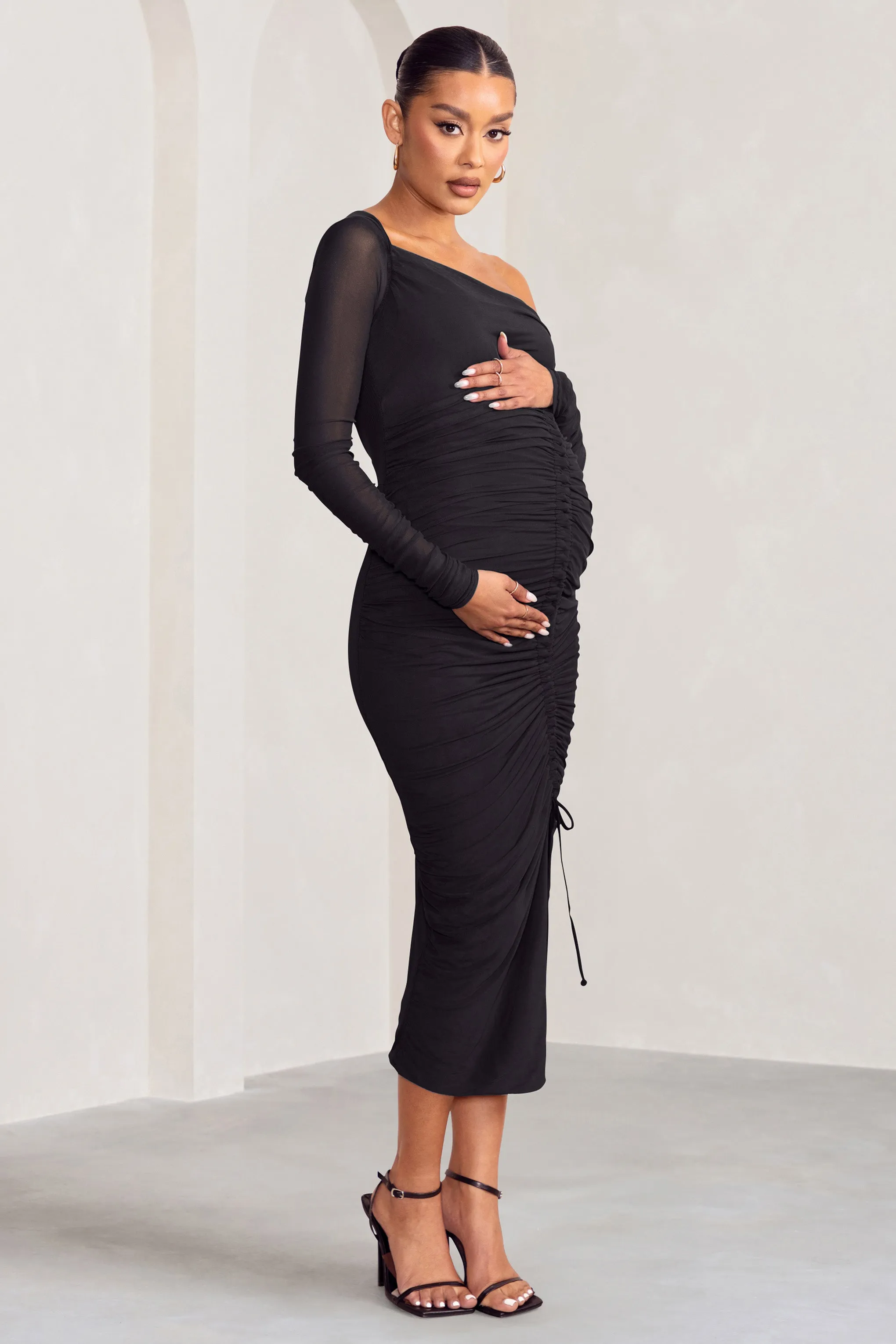 Sweet Dreams | Black Maternity Asymmetric Ruched Midi Dress