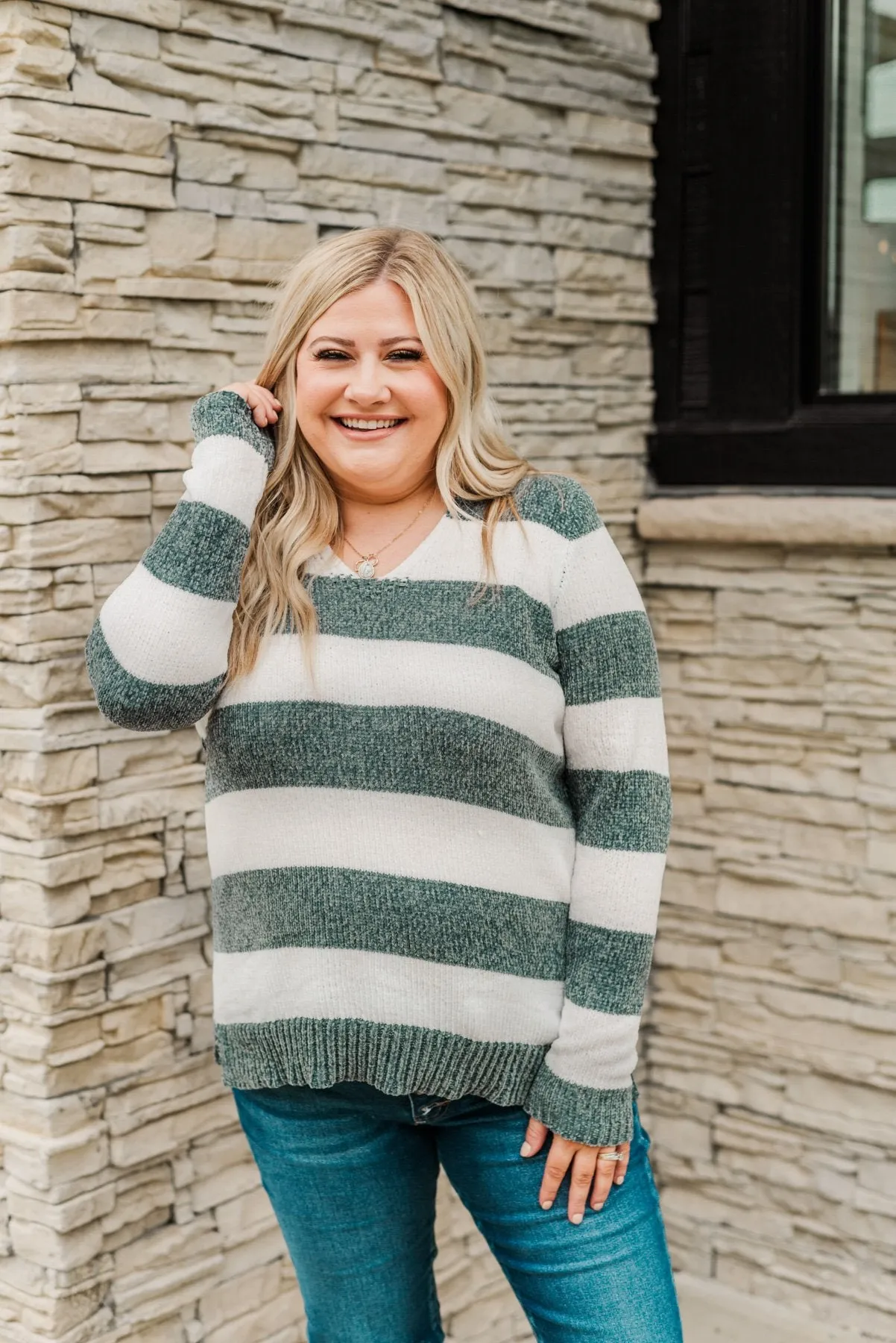 Sweet Symphony Striped Sweater- Dusty Olive & Ivory