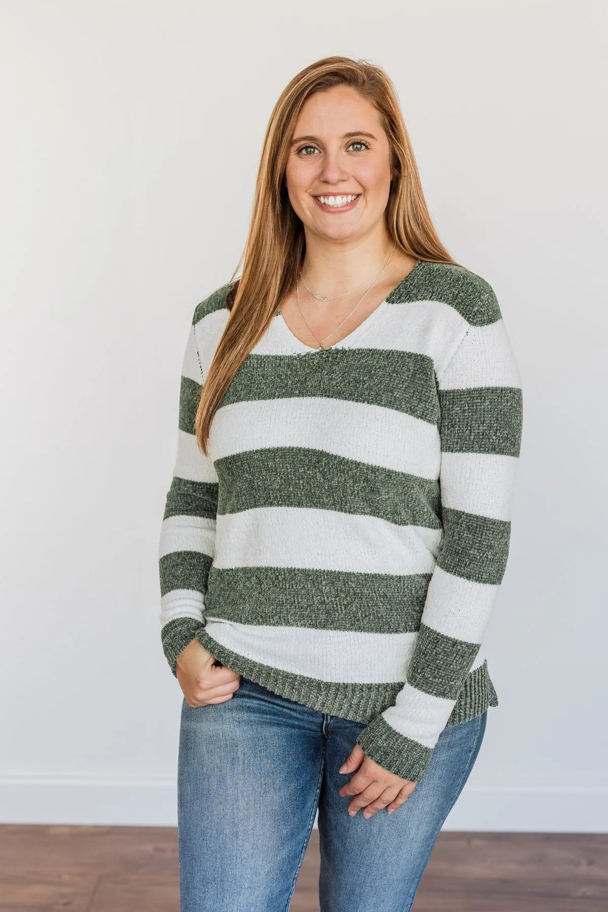 Sweet Symphony Striped Sweater- Dusty Olive & Ivory