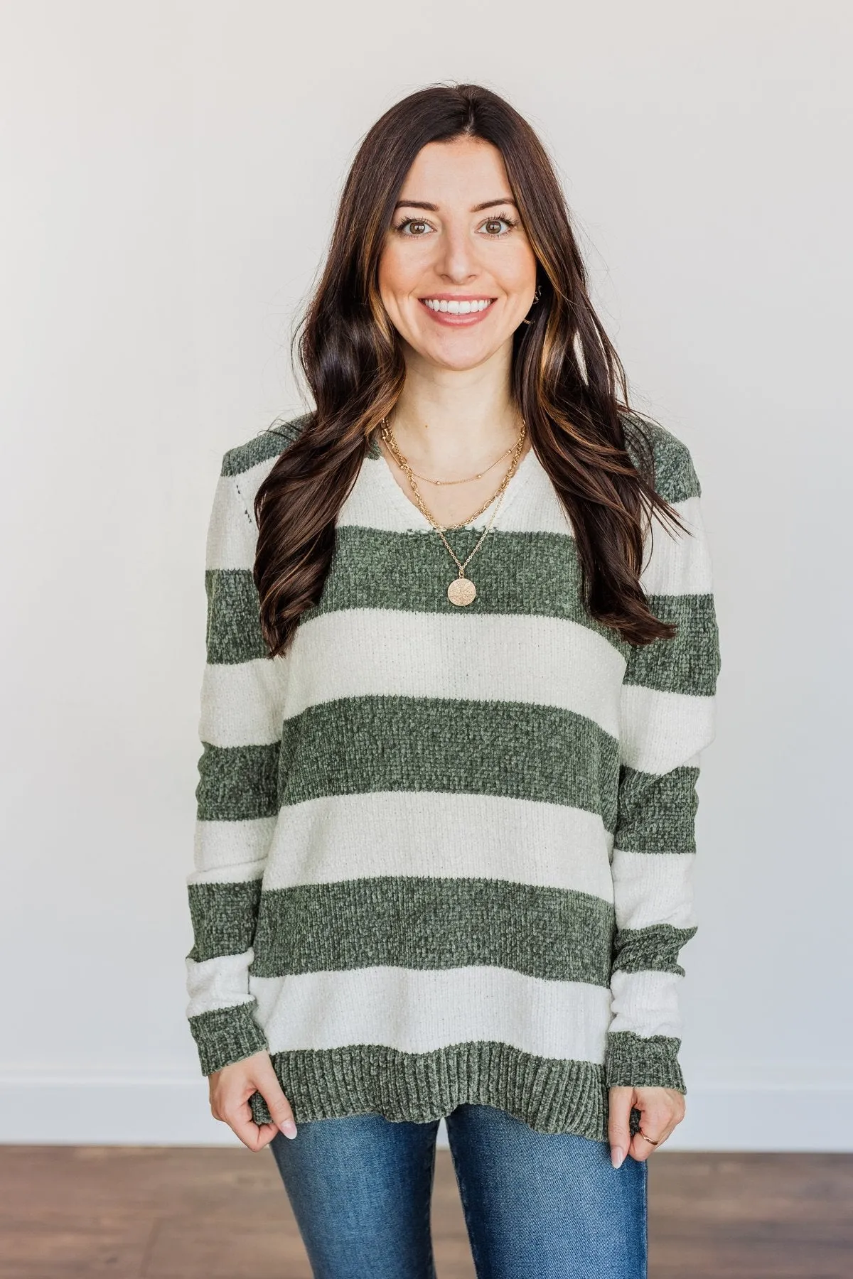 Sweet Symphony Striped Sweater- Dusty Olive & Ivory