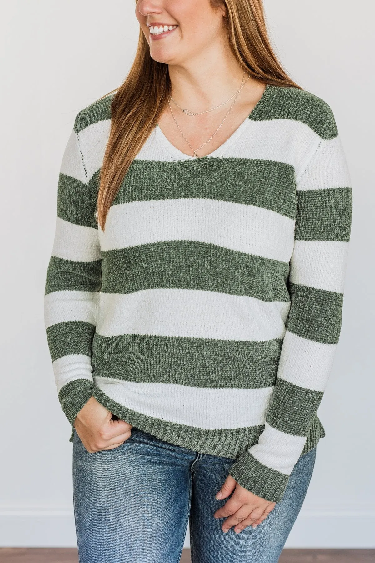 Sweet Symphony Striped Sweater- Dusty Olive & Ivory