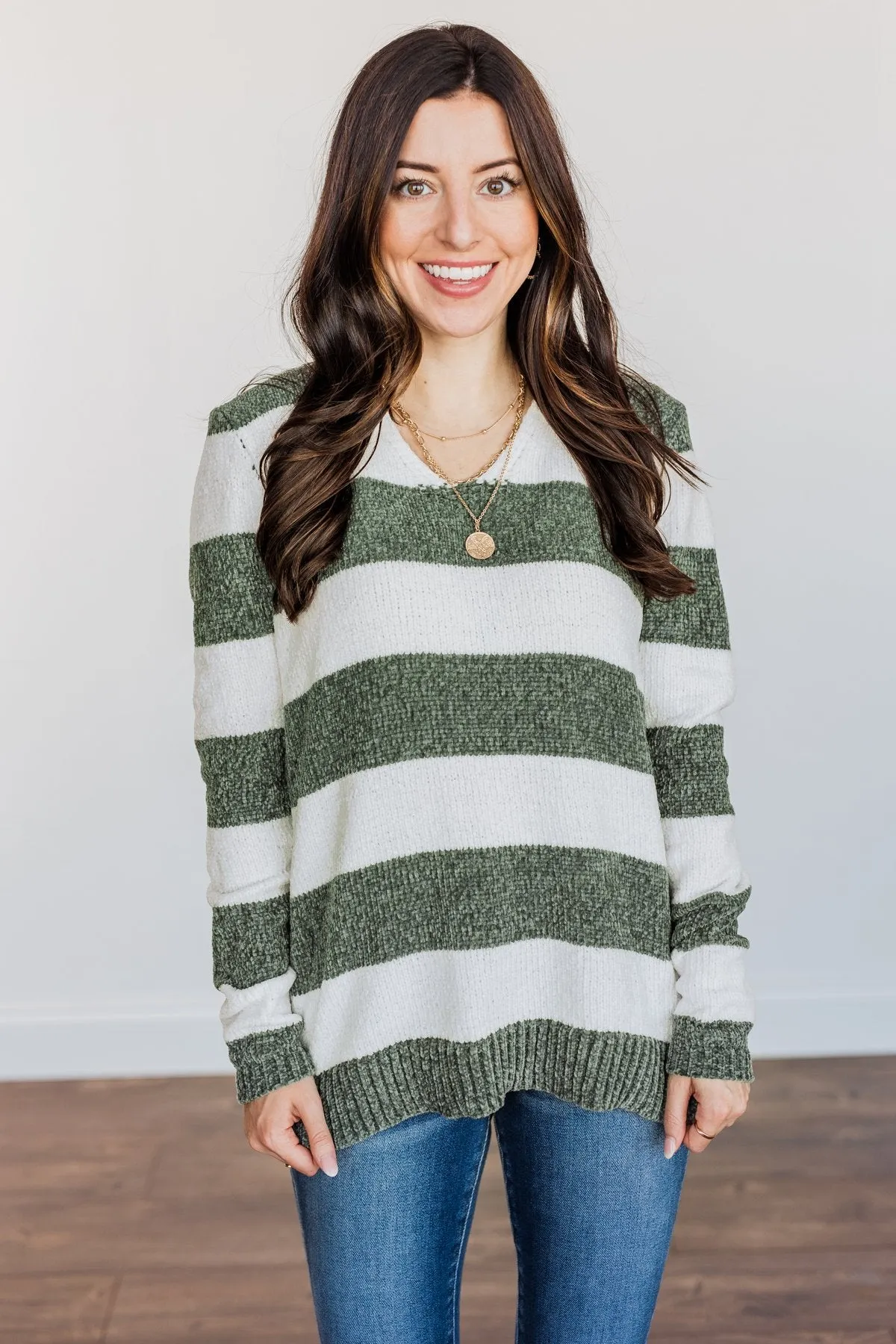 Sweet Symphony Striped Sweater- Dusty Olive & Ivory