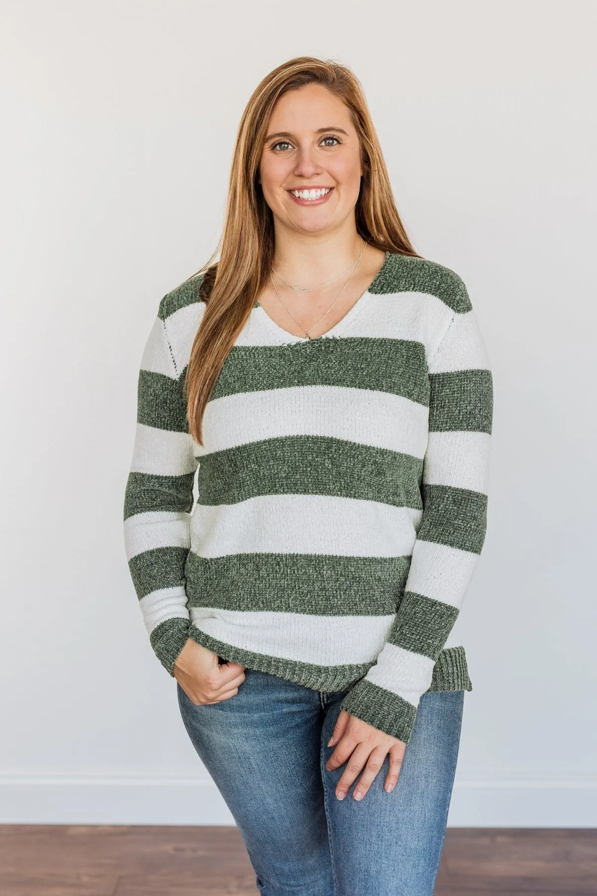 Sweet Symphony Striped Sweater- Dusty Olive & Ivory