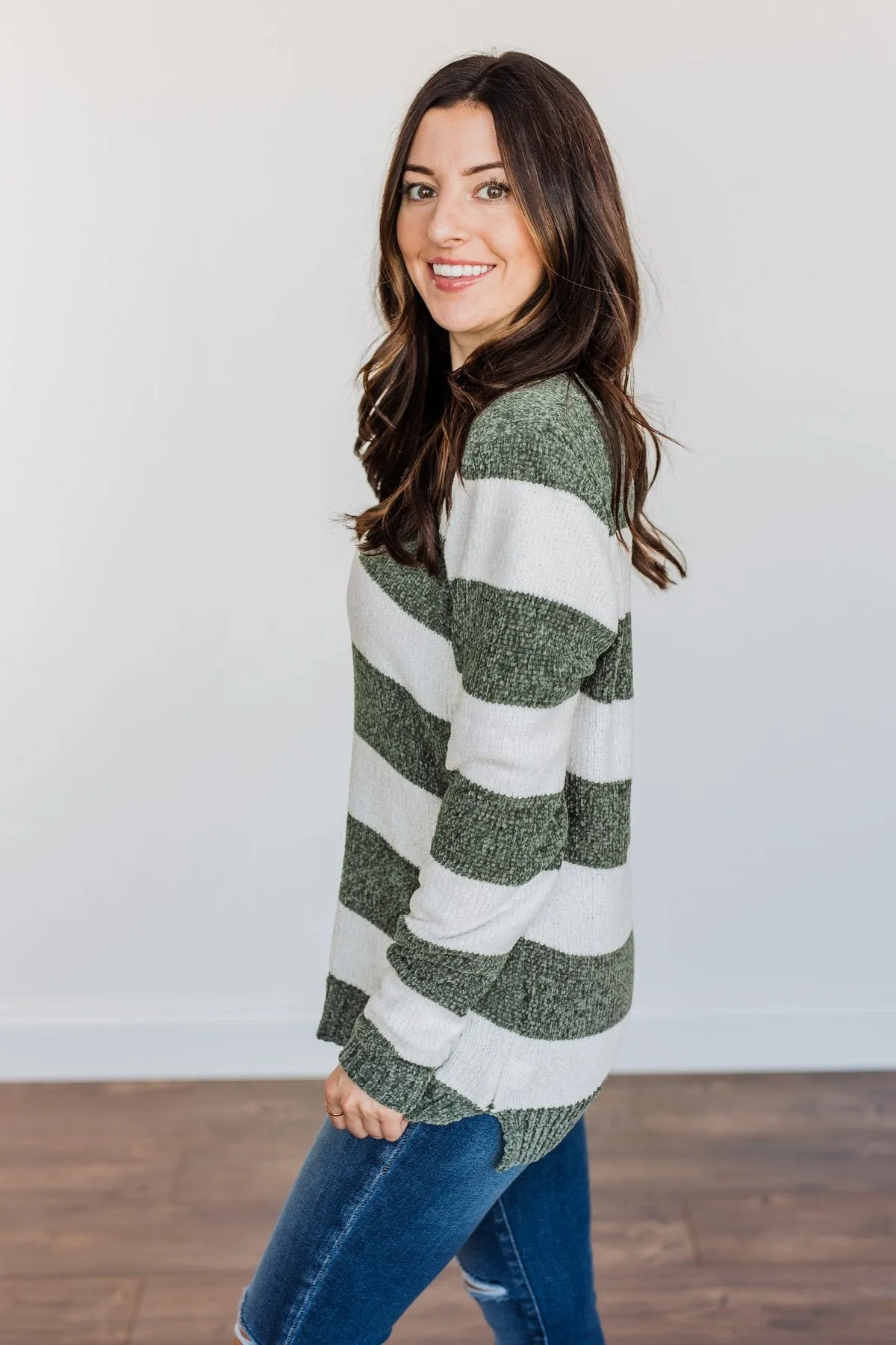 Sweet Symphony Striped Sweater- Dusty Olive & Ivory