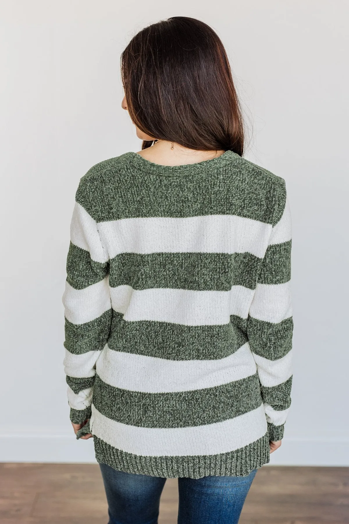 Sweet Symphony Striped Sweater- Dusty Olive & Ivory