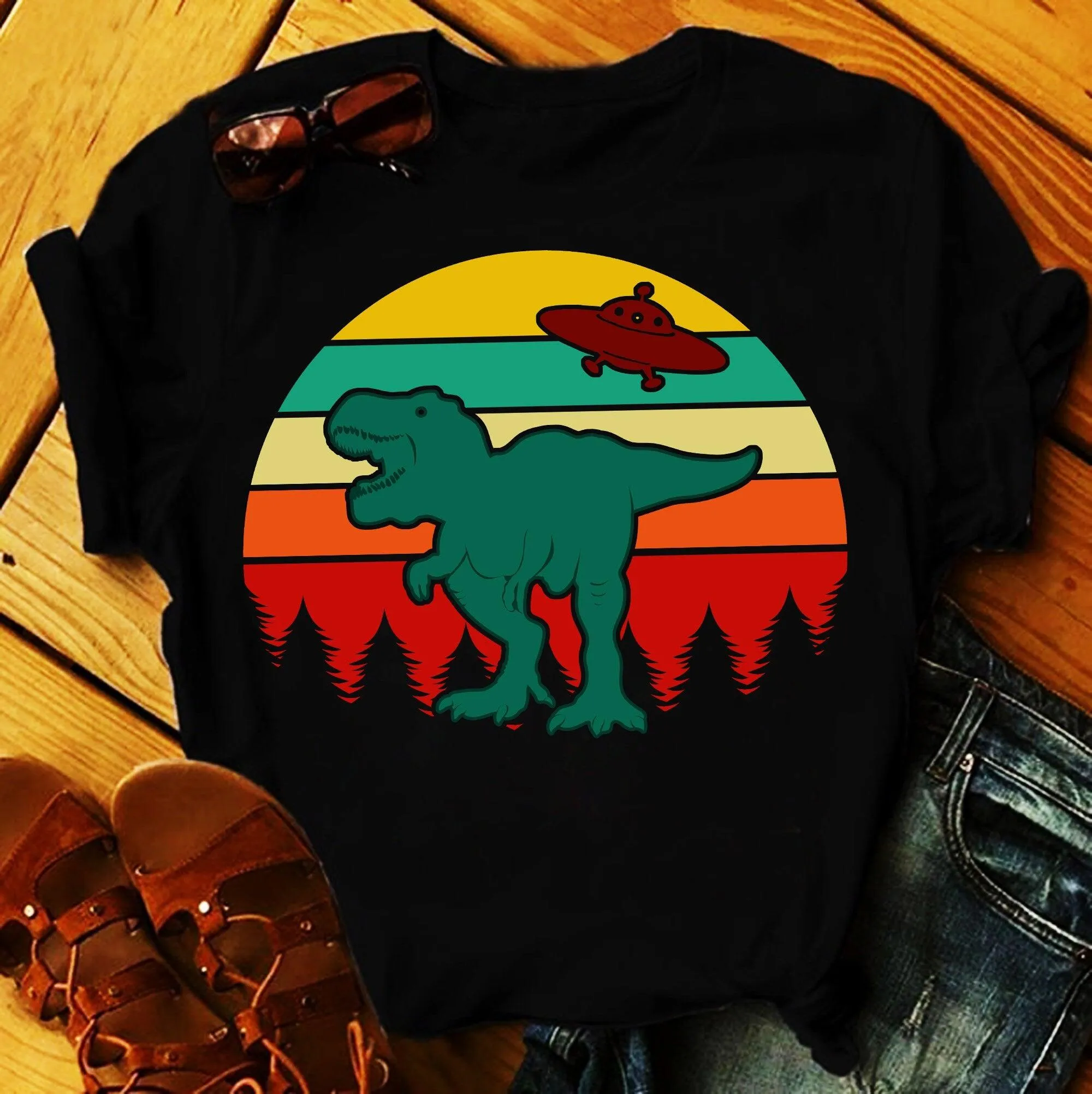 T-Rex Ufo Tree | Retro Sunset T-Shirts