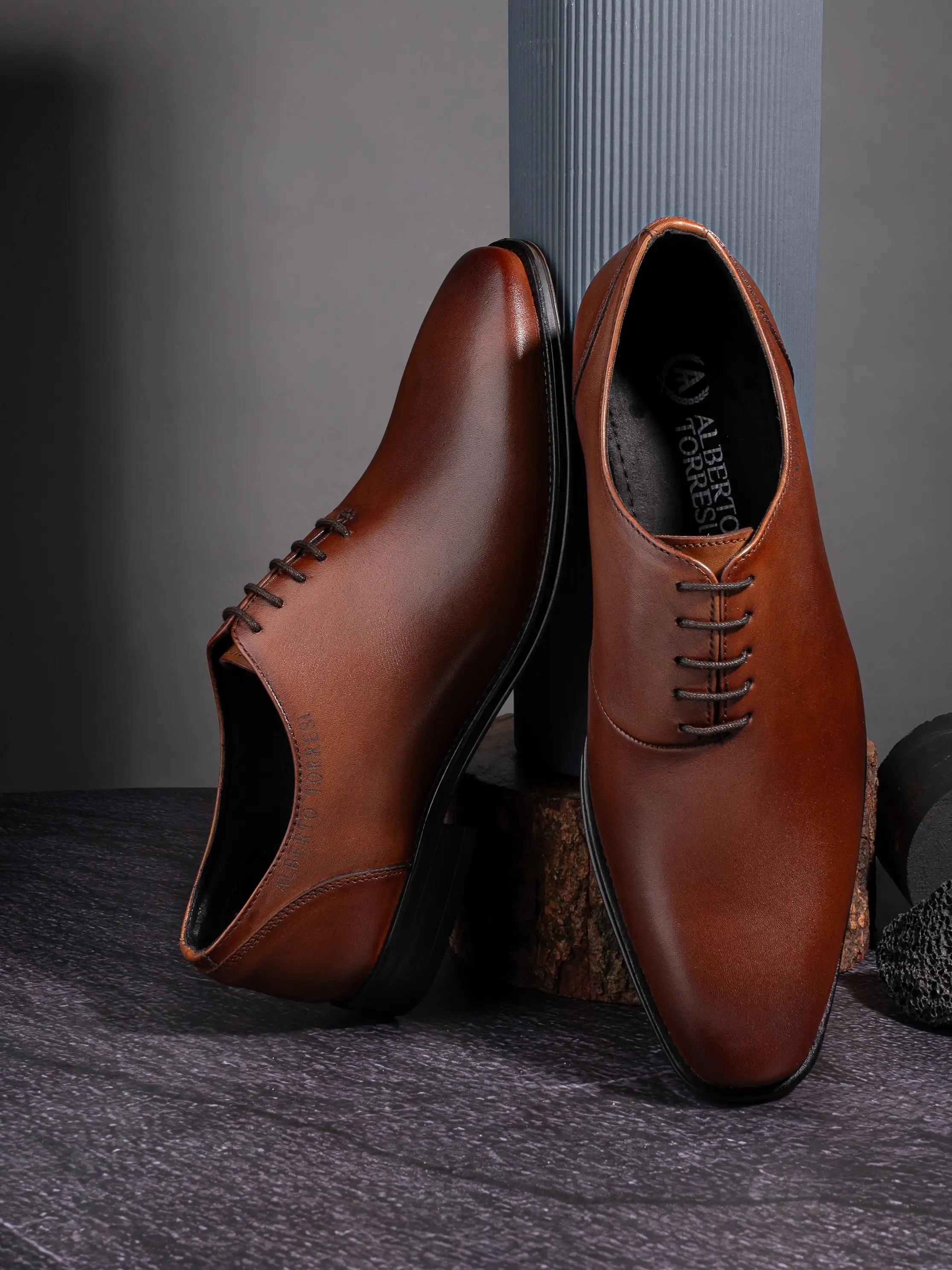 Tan Leather Lace Up Shoes For Men