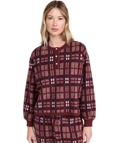 THE GREAT. The Plush Fleece Henley Sleep Sweatshirt Fireside Plaid 2