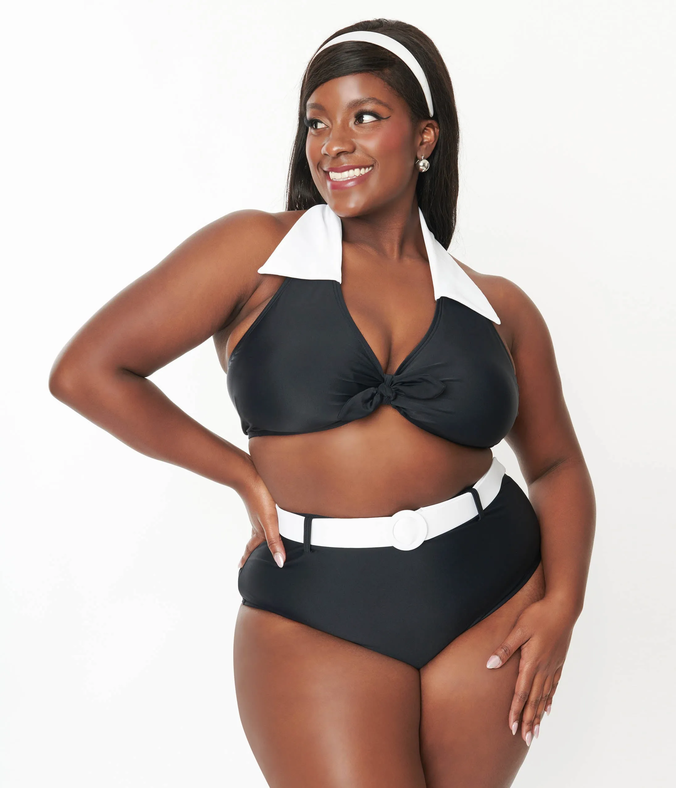 Unique Vintage Plus Size Black & White Halter Swim Top