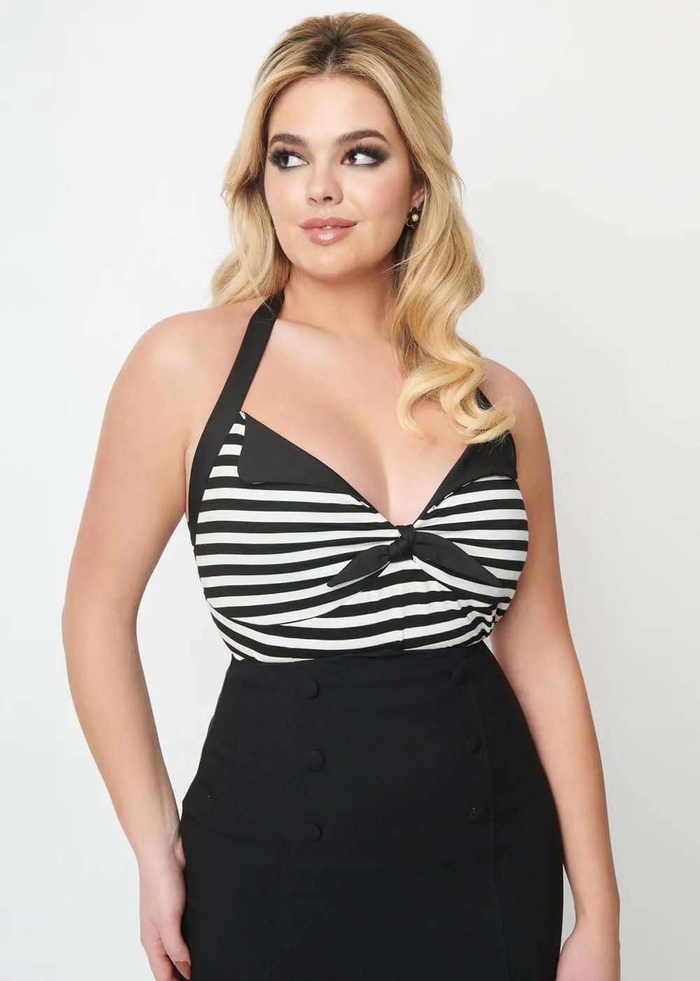 Unique Vintage Striped 60's Halter Top Black White