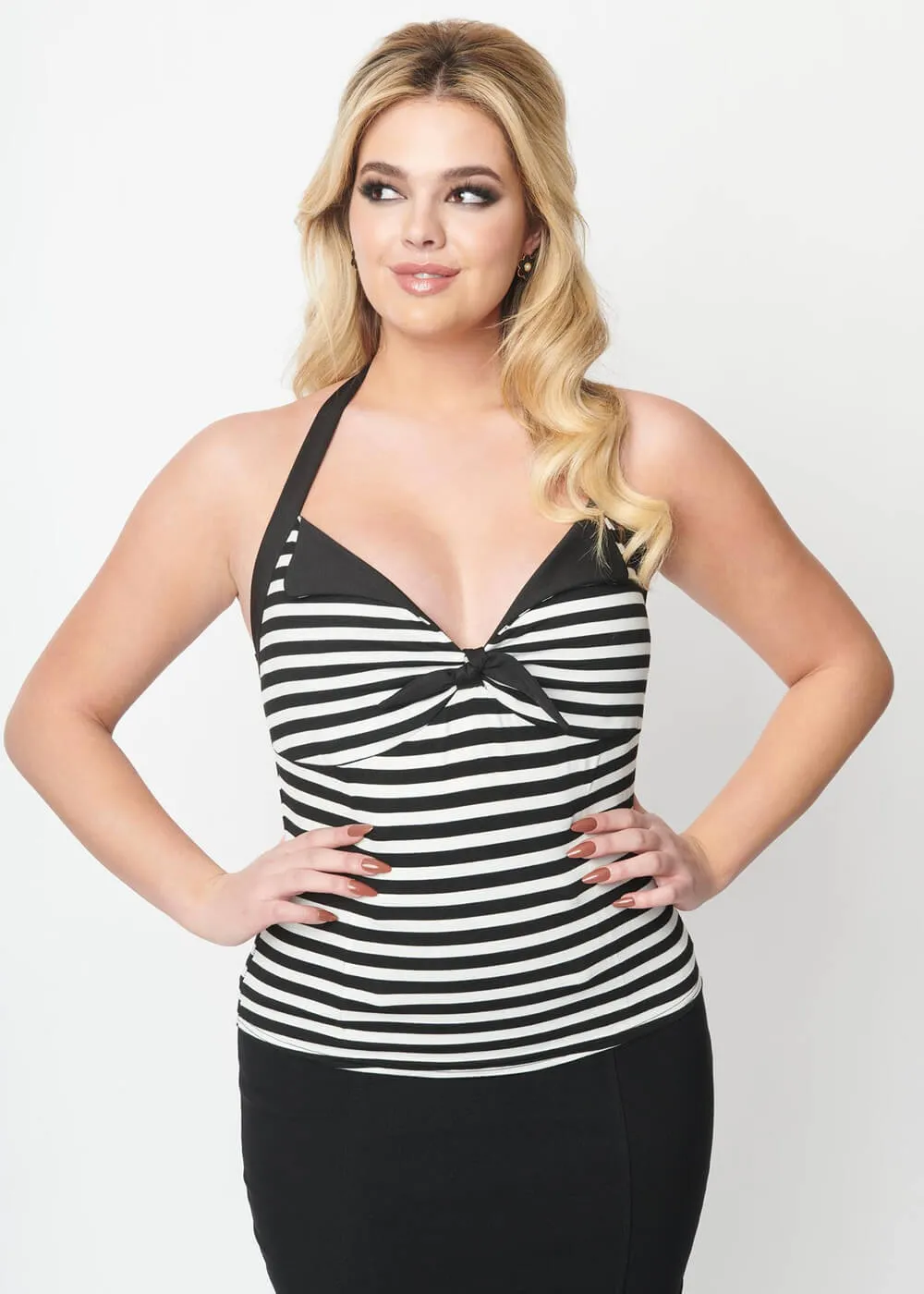 Unique Vintage Striped 60's Halter Top Black White