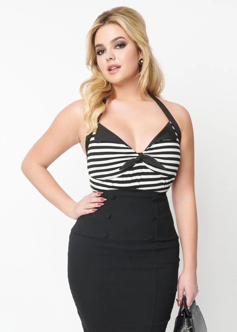 Unique Vintage Striped 60's Halter Top Black White