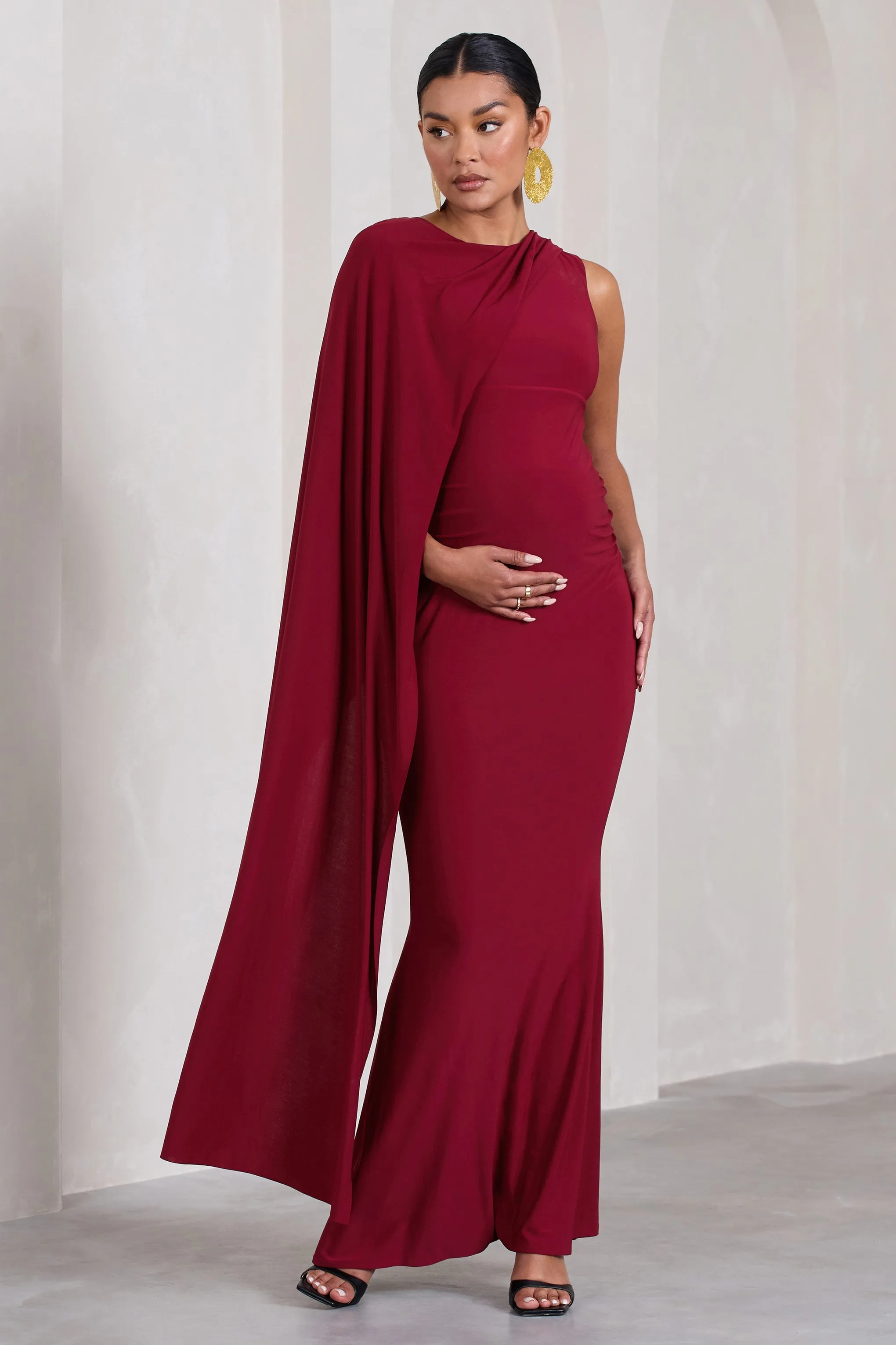 Unveil | Berry One-Sleeve Cape Maternity Maxi Dress