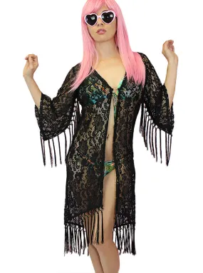 Women's Fringed Retro Kimono Coverup