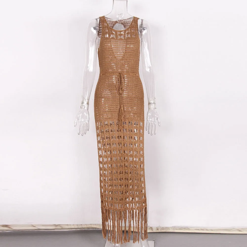 Women's See-Through Hollow Out Tassel Long Split Beach Cover Up Dress