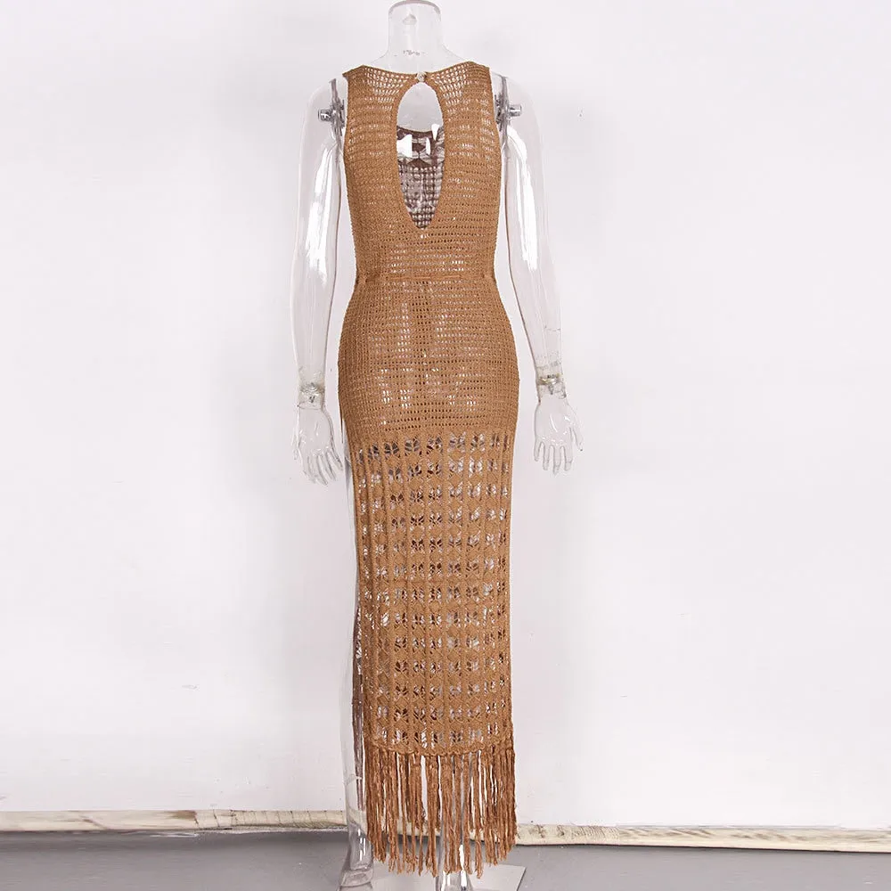 Women's See-Through Hollow Out Tassel Long Split Beach Cover Up Dress