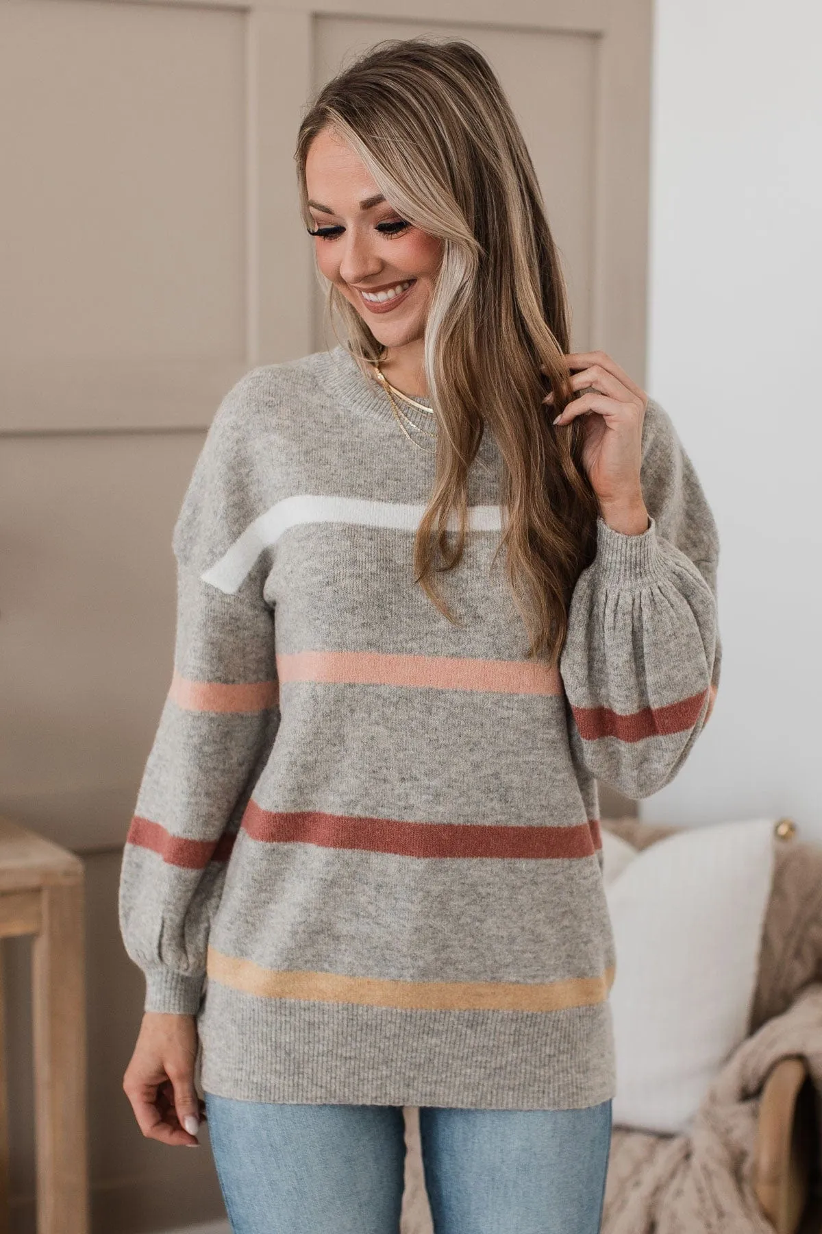 Wonderful Days Striped Knit Sweater- Heather Grey