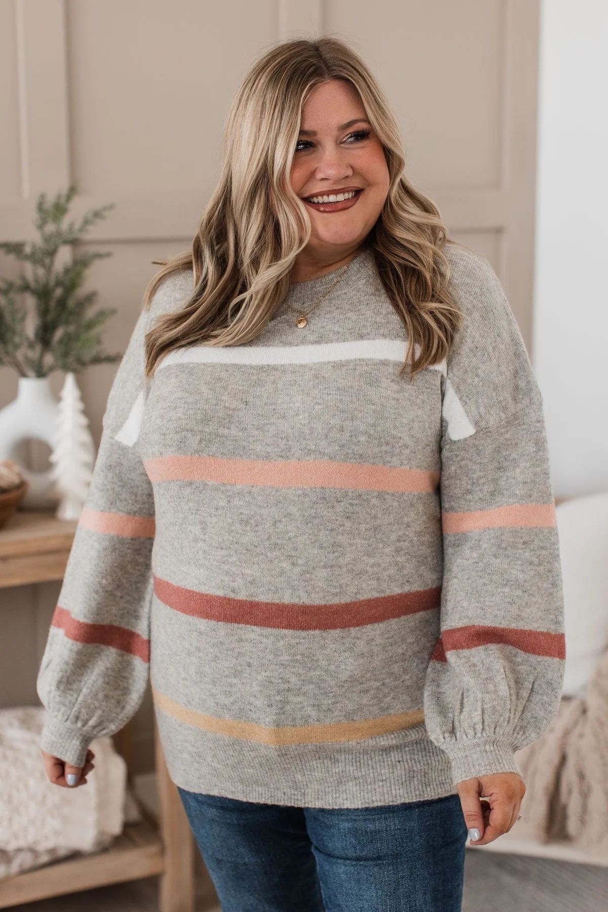 Wonderful Days Striped Knit Sweater- Heather Grey