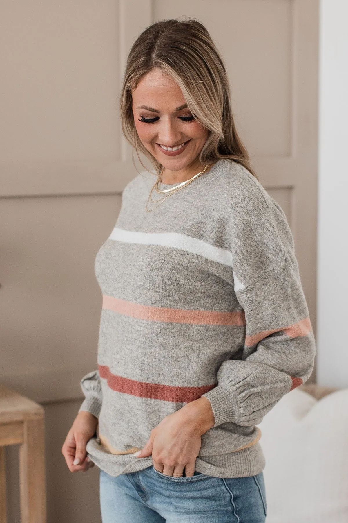 Wonderful Days Striped Knit Sweater- Heather Grey