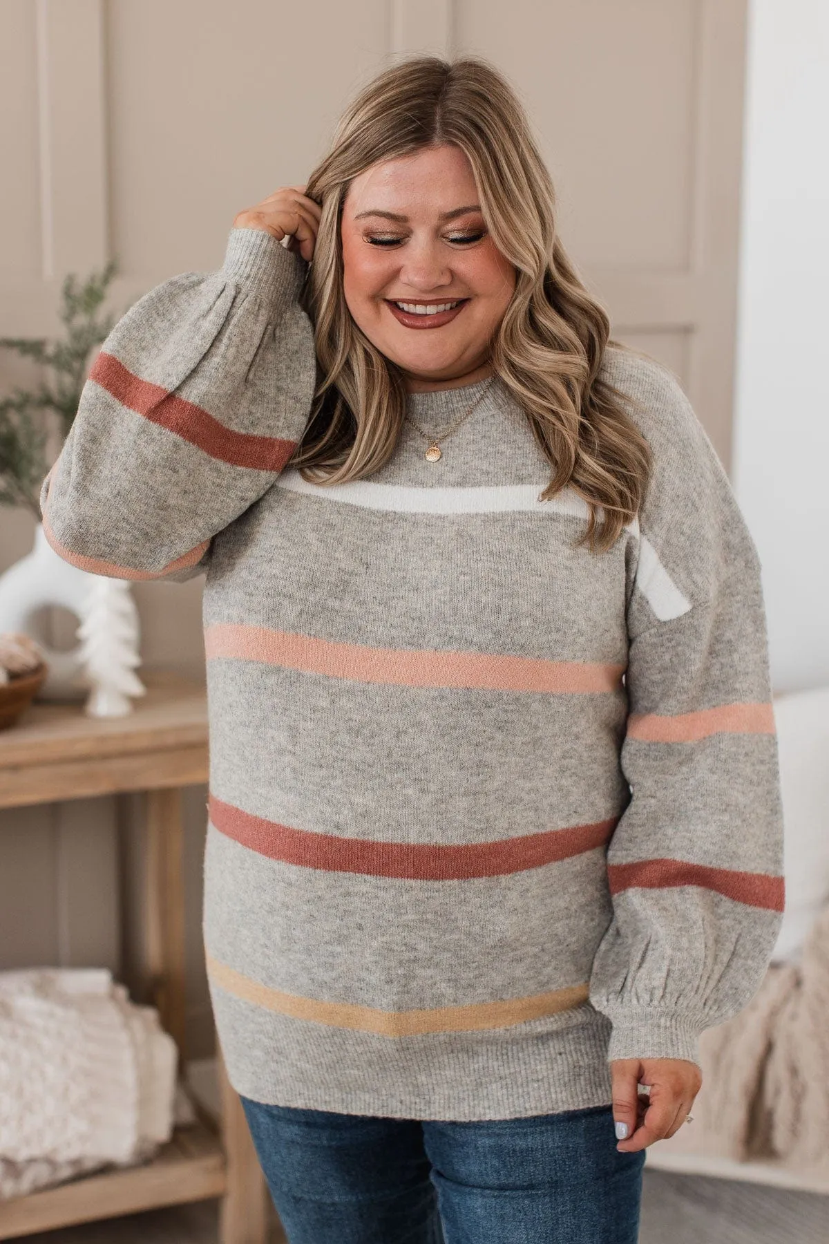 Wonderful Days Striped Knit Sweater- Heather Grey